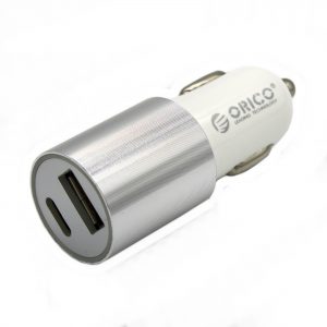 Orico 2 Port 1xUSB-C 5V 3.1A | 1xUSB-A 5V 2.4A Car Charger Silver and White