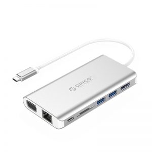 Orico Type-C to 1 x HDMI|1 x RJ45|2 x USB3.0|1 x USB-C (PD Port)|1 x VGA|1 x SD Slot|1 x 3.5mm Aux [1 x Headset] Universal Docking Station - Silver